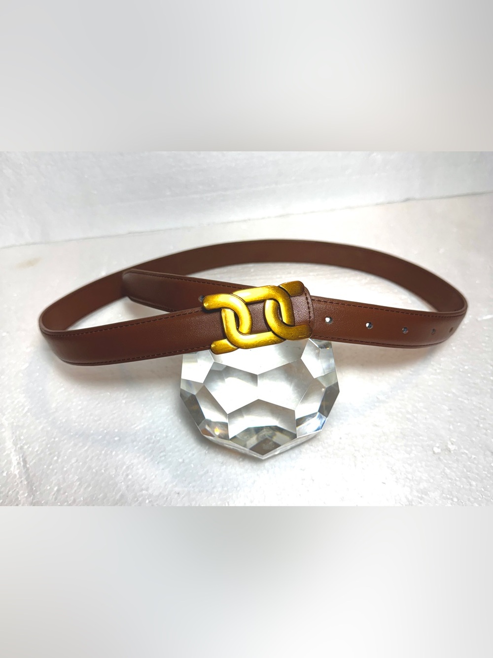Brown Leather Belt with Gold Interlocking Buckle